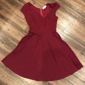 Burgundy Retro DeepV Neck Cap Sleeve  Flare Dress